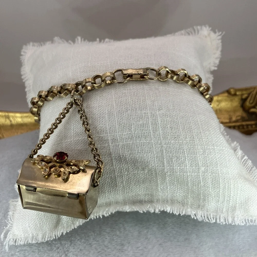 Vintage Charm Bracelet Red Crystal Treasure Chest Opens Whimsical Kitschy Quirky